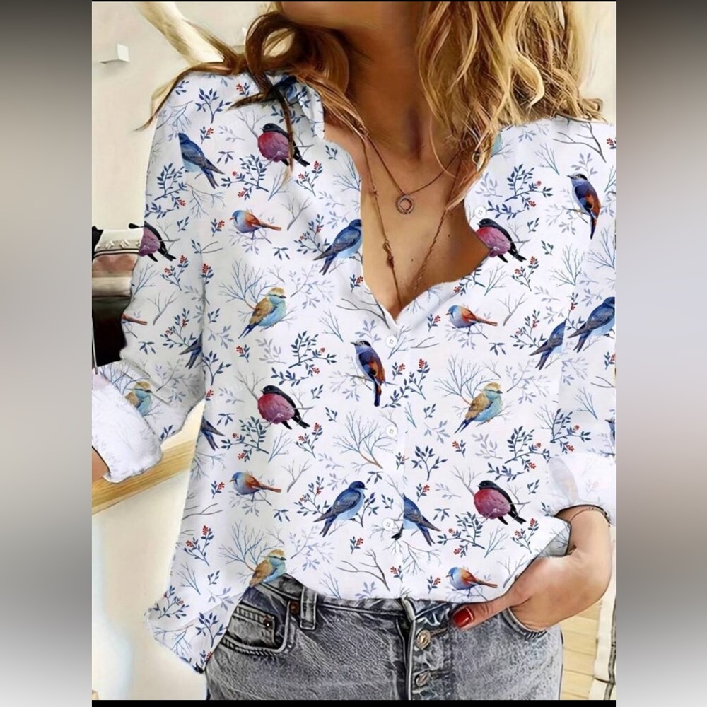 Classic Elegant Bird Print Top Blouse Button Down Up Shirt White